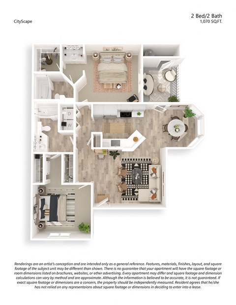 Floor plan for 2 beds, 2 baths, 1070 sqft